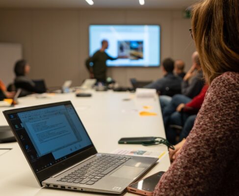 Es mostra a una mestra en primer pla, atenent a una intervenció d'un docent sobre intel·ligència artificial.