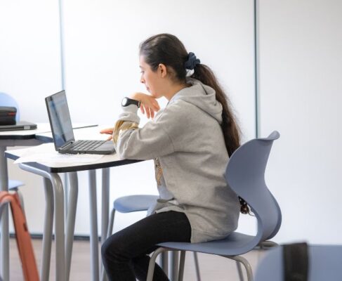 Apareix una jova molt concentrada davant d'un ordinador, en una aula de secundària, solitària a la seva taula.