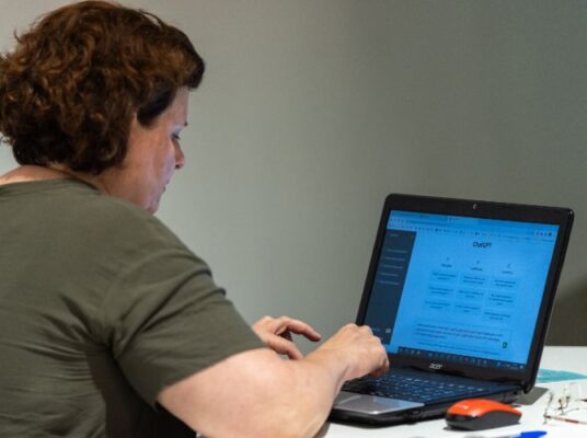 Apareix una profesora fent servir xat GPT en un ordinador.